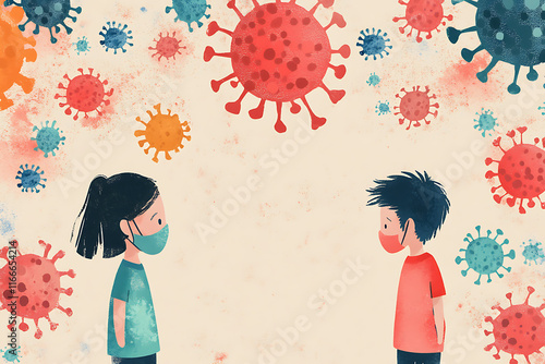 Two children wearing masks stand apart amidst colorful virus illustrations. photo