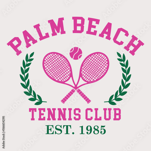 palm beach tennis club t shirt design, Hamptons tennis social club vector artwork, tennis racket with typography design, palm beach tennis club graphic print. palm beach Country club summer SS24