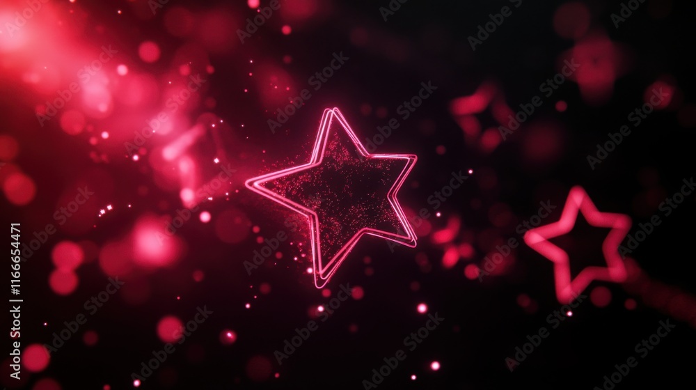 Neon red and pink stars forming a 3D constellation, glowing brightly against the black. Neon red and pink stars forming a 3D constellation, glowing brightly against the black.