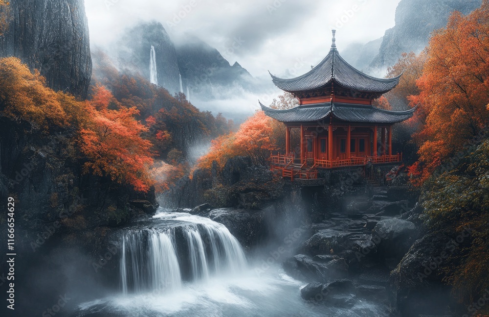 Obraz premium Long exposure photography of the fairy pools in Skye, Scottish Highlands, and Loch Lomond and the Trossachs National Park mountains with rocks and waterfalls in the background. In autumn with misty