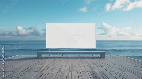 a mockup blank billboard with white surface on beachside for product display, marketing and advertisement.