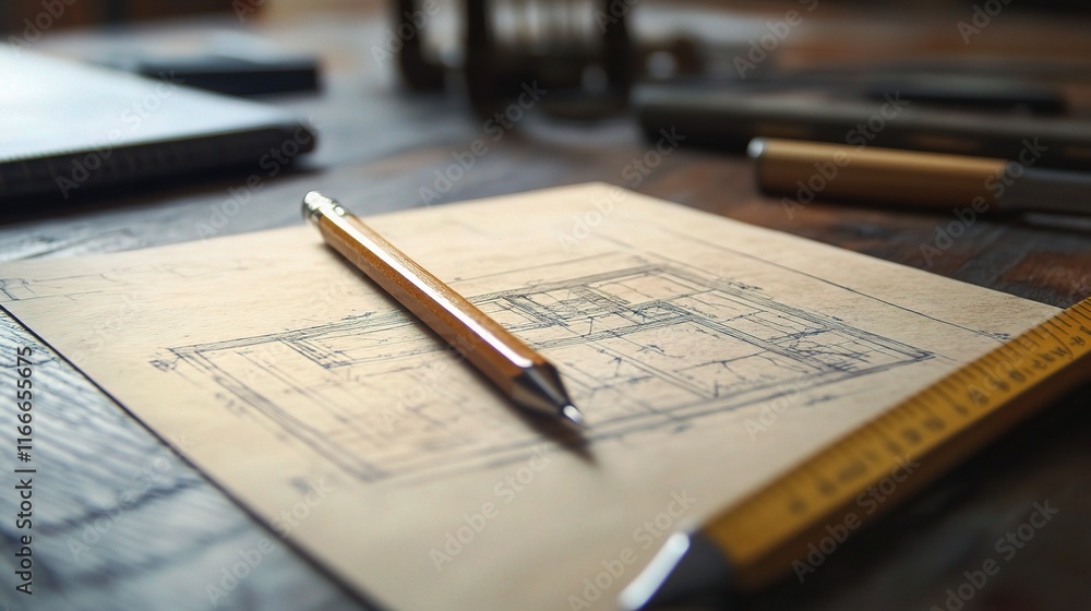Neatly Arranged Construction Tools on Wooden Surface for Planning Neatly Arranged Construction Tools on Wooden Surface for Planning