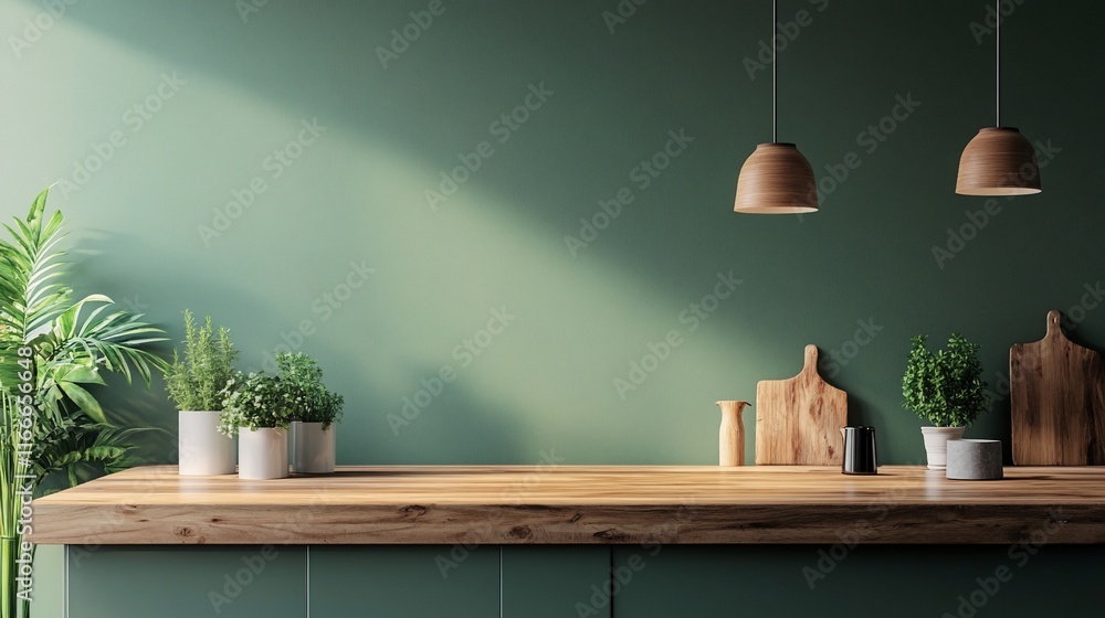Sunlit kitchen counter with plants, wooden cutting boards, and green wall. Sunlit kitchen counter with plants, wooden cutting boards, and green wall.