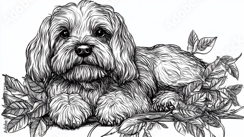 A monochrome sketch of a fluffy dog resting amidst leaves.