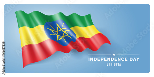 Ethiopia independence day vector banner, greeting card. Ethiopian wavy flag in patriotic holiday horizontal design with realistic flag