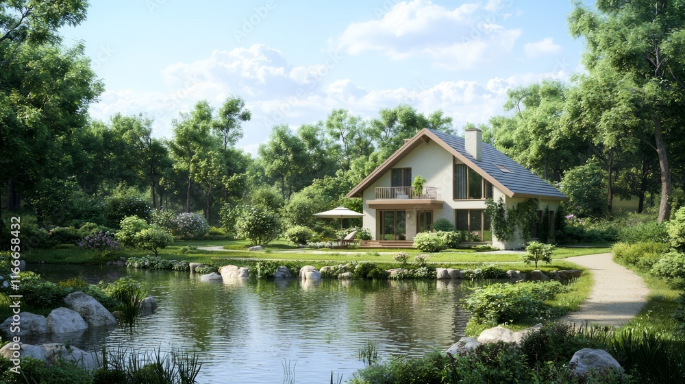 Tranquil 3D Printed Home Oasis by Pond: Serene Retreat with Lush Landscaping, Relaxation & Harmony with Nature. Ultra-Detailed Digital Artwork. Tranquil 3D Printed Home Oasis by Pond: Serene Retreat with Lush Landscaping, Relaxation & Harmony with Nature. Ultra-Detailed Digital Artwork.