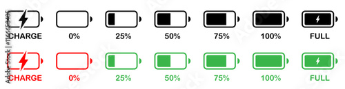 Battery charge indicator icon set in red, green and black color. Phone charge showing percentage level_0%, 25%, 50%, 75%, and 100%. Discharged and fully charged battery level from 0 to 100 percent. 