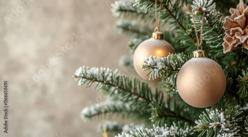 snow-dusted evergreen branch with matte gold ornaments