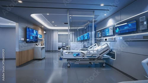A serene and technologically advanced hospital room with state-of-the-art equipment and digital screens, representing the future of healthcare.