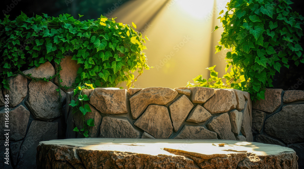 Obraz premium sunlit stone wall with lush green foliage stone slab