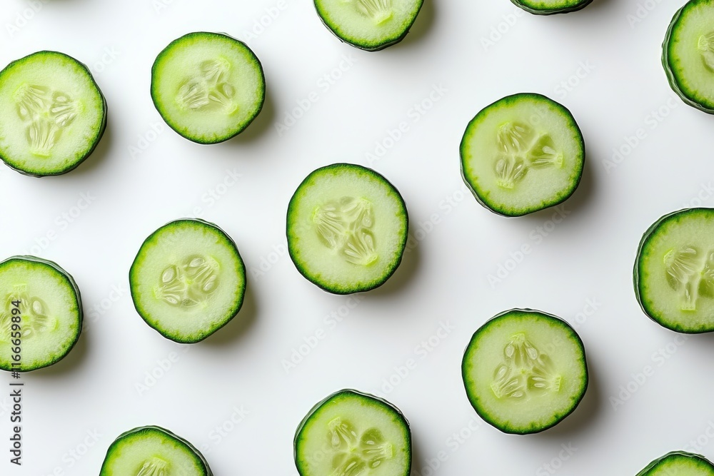 Freshly sliced cucumber rounds arranged on a white background for a healthy dish or recipe preparation Freshly sliced cucumber rounds arranged on a white background for a healthy dish or recipe preparation