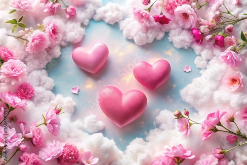 A heart made of flowers is floating in the sky