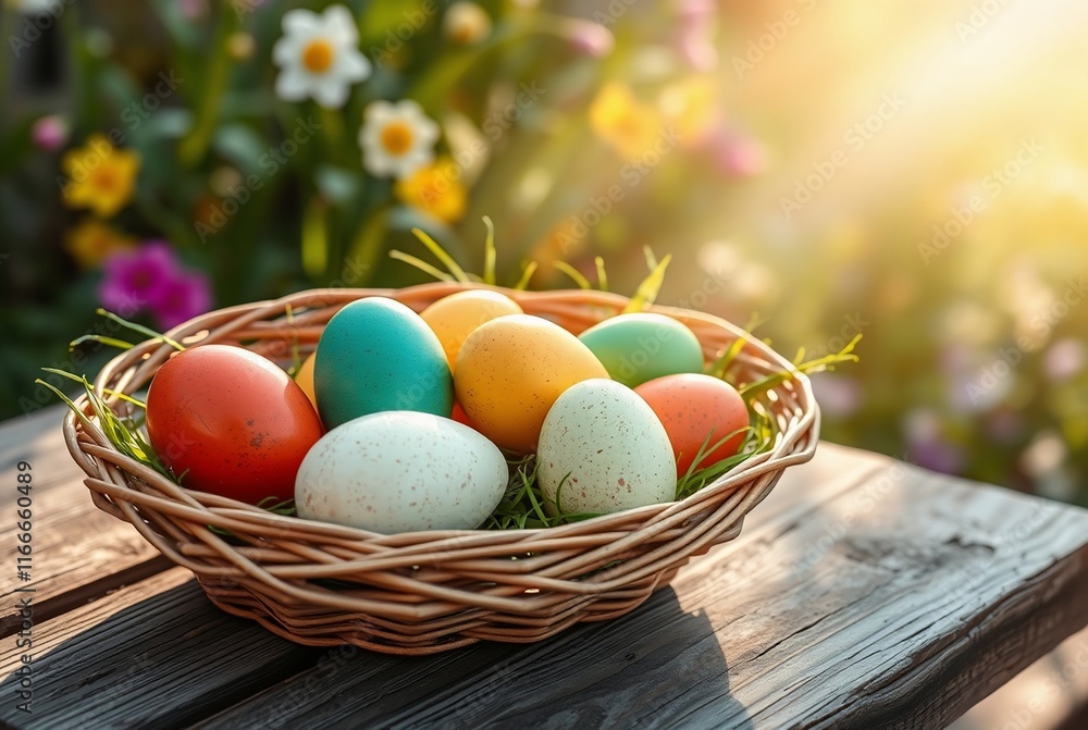 Colorful Easter Eggs in a Woven Basket Surrounded by Blooming Spring Flowers Colorful Easter Eggs in a Woven Basket Surrounded by Blooming Spring Flowers