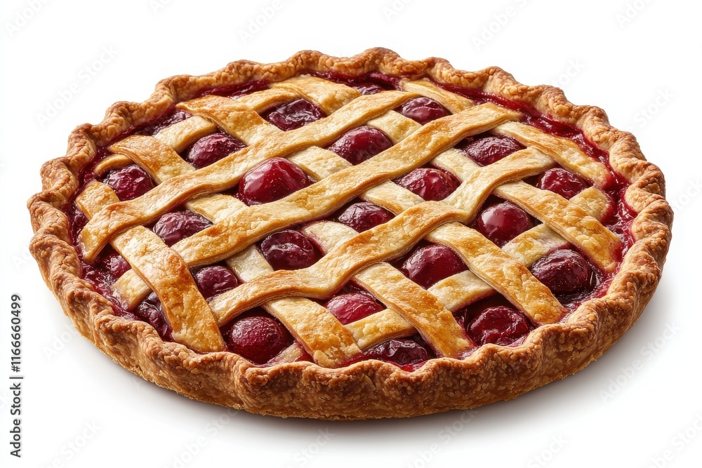 Homemade cherry pie with a flaky lattice crust placed on a clean white background for dessert display Homemade cherry pie with a flaky lattice crust placed on a clean white background for dessert display