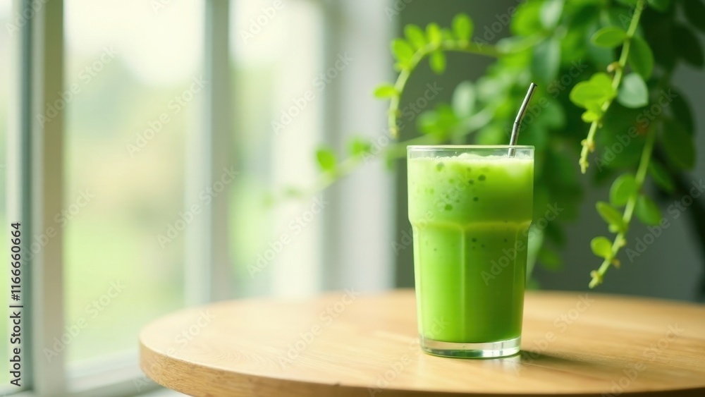 Refreshing Green Smoothie in a Glass on a Wooden Table by a Window Refreshing Green Smoothie in a Glass on a Wooden Table by a Window
