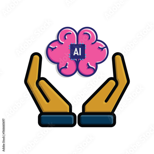 brain icon. brain and artificial intelligence in hand. Brain design and chip in the middle. Education, technology and protection vector design. colored flat design style