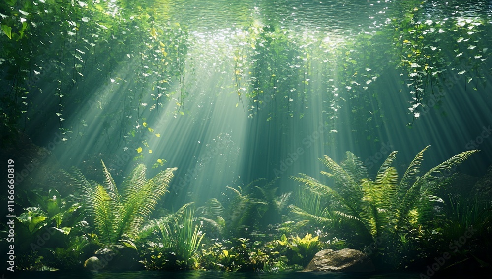 Sunbeams illuminate lush green forest floor with ferns and plants. Sunbeams illuminate lush green forest floor with ferns and plants.