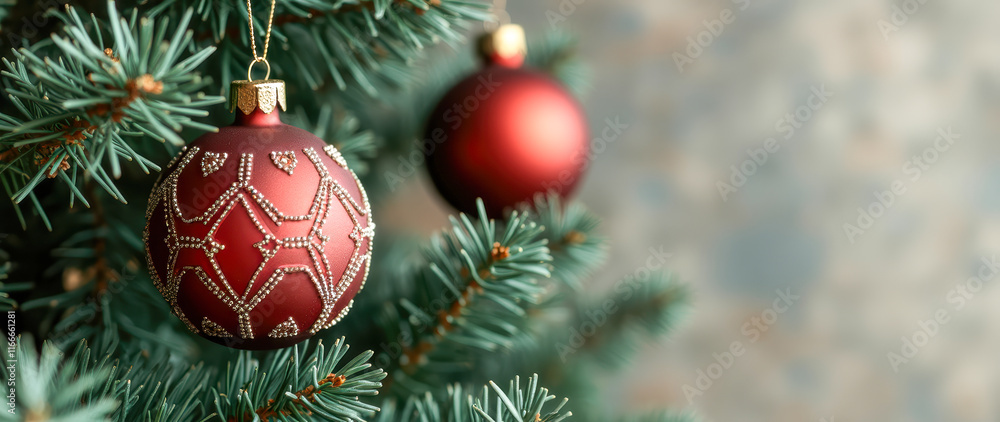 red glass ornaments on evergreen tree red glass ornaments on evergreen tree