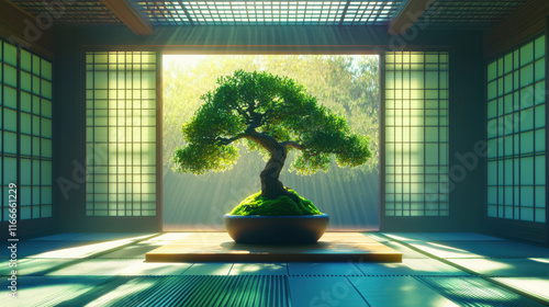 A peaceful Japanese interior with traditional shoji doors and tatami mats, a beautifully shaped bonsai tree at the center, vivid emerald green and soft lavender hues photo