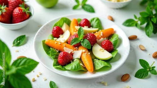Refreshing and vibrant salad featuring sweet strawberries, crunchy carrots, and crisp apple slices, garnished with fresh mint and a sprinkle of nuts, served on a bed of tender greens.