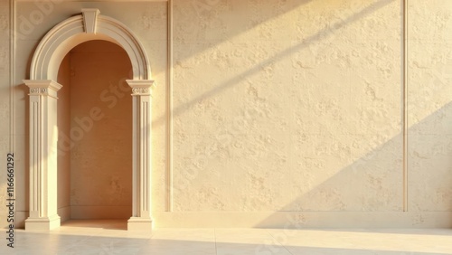 Elegant Architectural Archway in a Sunlit Room with Cream-Colored Walls and Floor