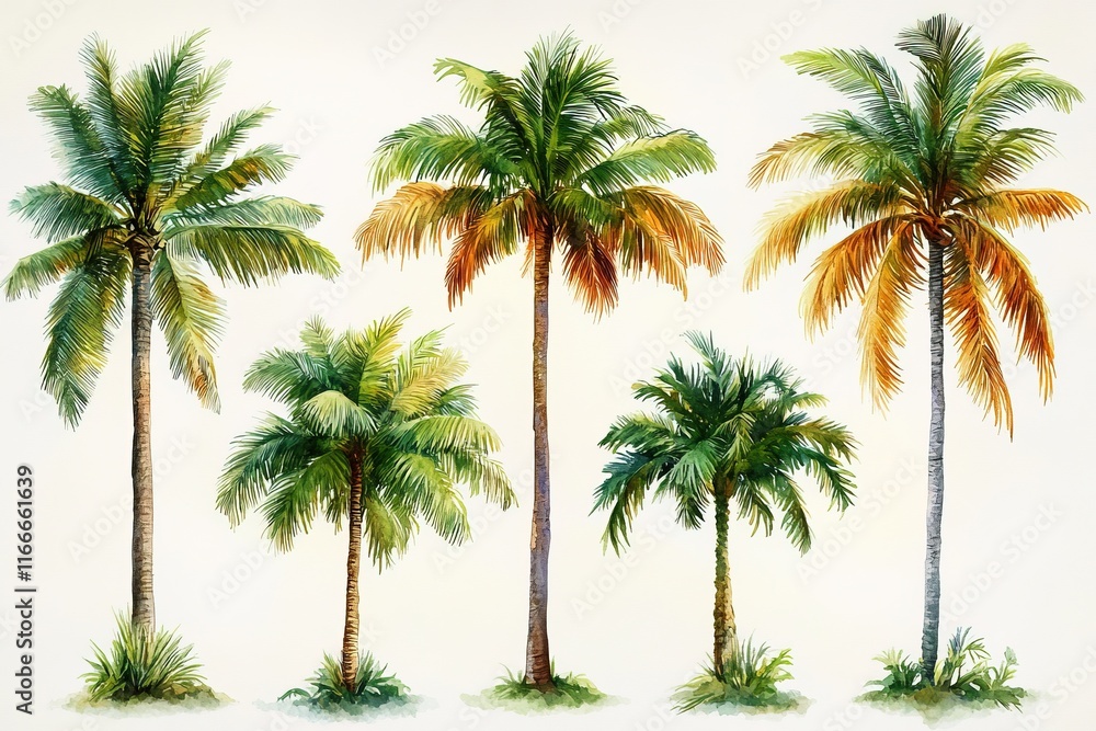 Fototapeta premium A watercolor illustration of various palm trees showcasing their diverse shapes and colors.