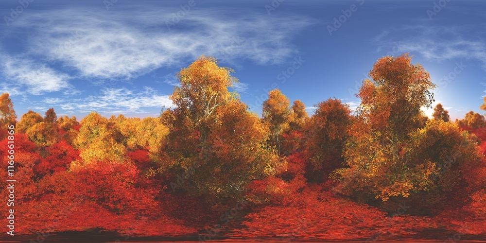 Fototapeta premium Autumn trees in the fog view from above. HDRI . equidistant projection. Spherical panorama. panorama 360. environment map, 3d rendering
