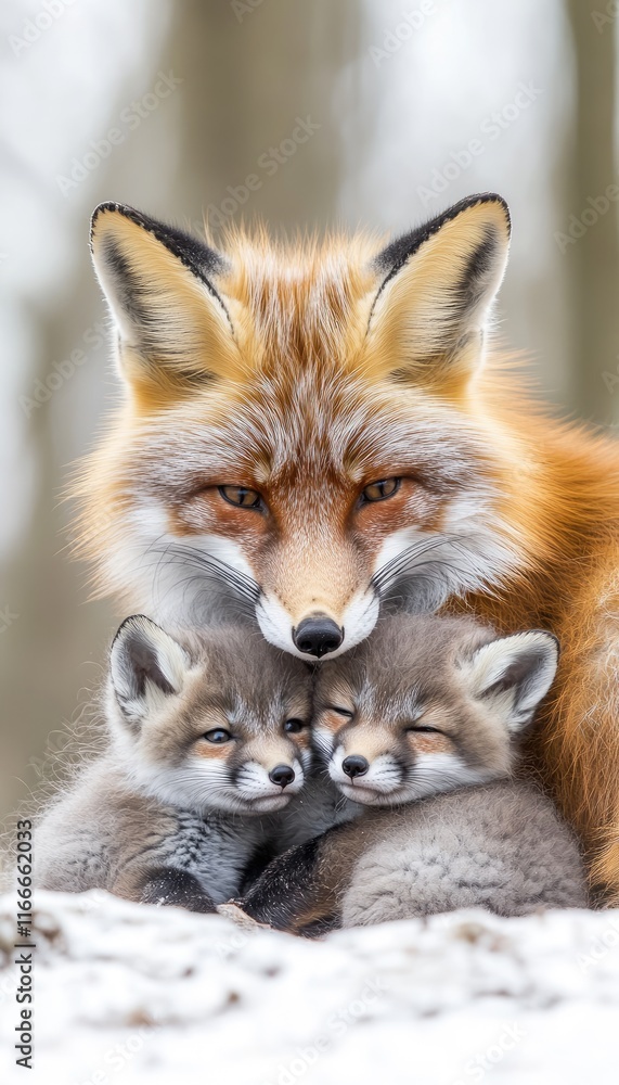 Obraz premium A mother fox cuddles her two adorable kits in a snowy forest setting.