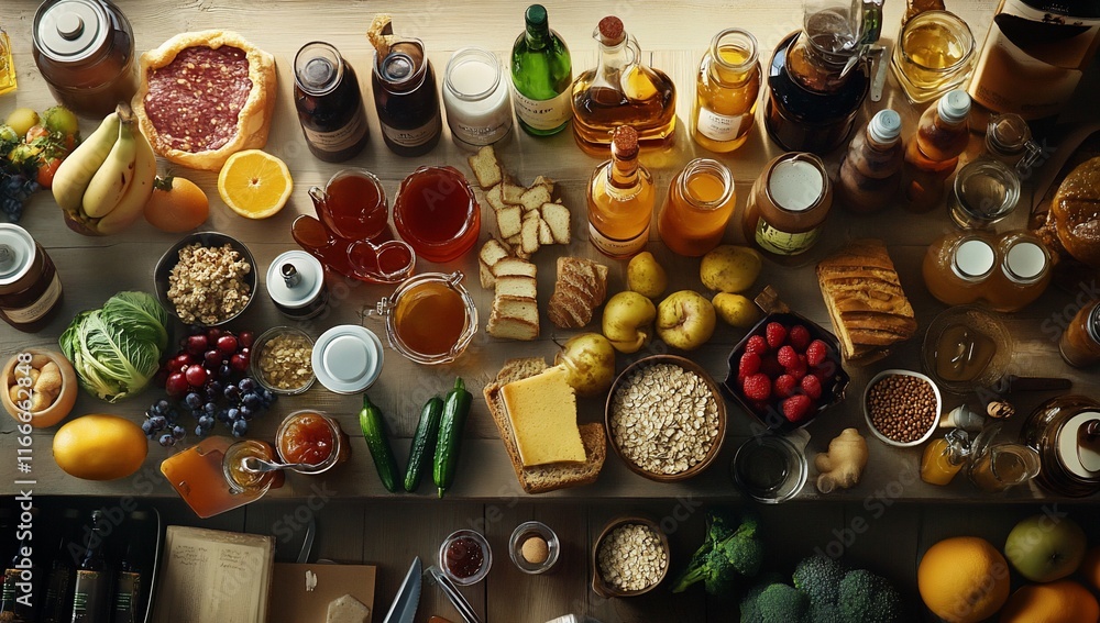 Overhead shot of a rustic wooden table laden with a diverse array of fresh produce, baked goods, and bottled drinks. Overhead shot of a rustic wooden table laden with a diverse array of fresh produce, baked goods, and bottled drinks.