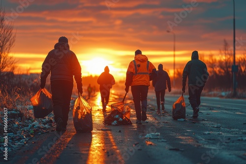 Community members participate in a cleanup event at sunset along a quiet road photo