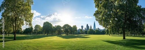 Panoramic view, showing a green park with trees and the skyline of the London city background on a sunny day.