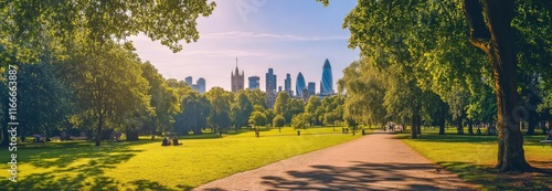 Panoramic view, showing a green park with trees and the skyline of the London city background on a sunny day.