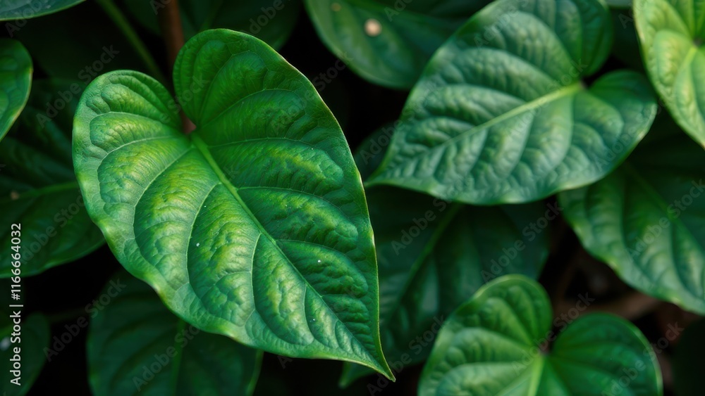 Vibrant Green Foliage, Heart-Shaped Leaf in Lush Natural Setting, Displaying Intricate Veining and Deep Emerald Hues Vibrant Green Foliage, Heart-Shaped Leaf in Lush Natural Setting, Displaying Intricate Veining and Deep Emerald Hues
