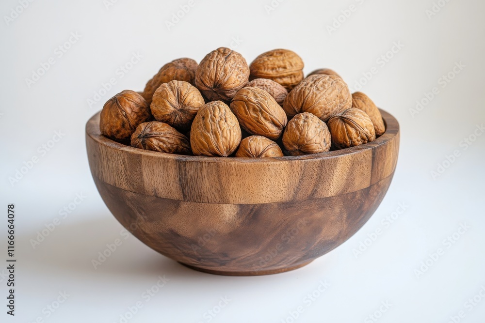 Nuts piled in a wooden bowl showcasing natural textures and earthy tones Nuts piled in a wooden bowl showcasing natural textures and earthy tones