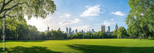 Panoramic view, showing a green park with trees and the skyline of the London city background on a sunny day.