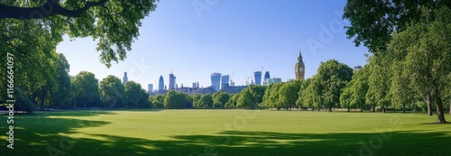 Panoramic view, showing a green park with trees and the skyline of the London city background on a sunny day.