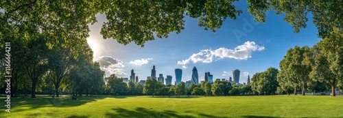 Panoramic view, showing a green park with trees and the skyline of the London city background on a sunny day.