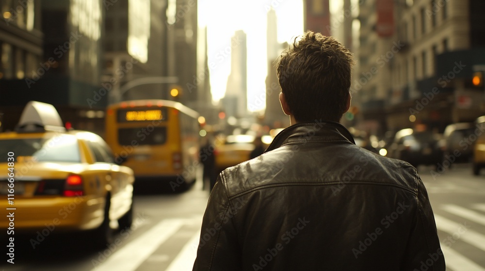 Man in leather jacket stands on busy city street, looking towards bright buildings. Man in leather jacket stands on busy city street, looking towards bright buildings.
