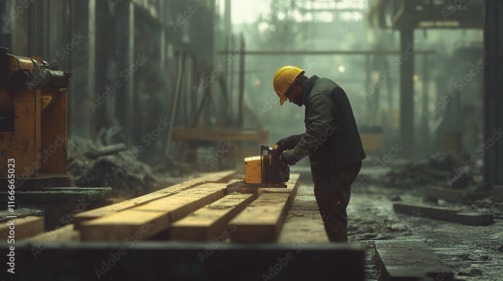 Worker Using Saw to Cut Through Wood Planks in Construction Site Worker Using Saw to Cut Through Wood Planks in Construction Site
