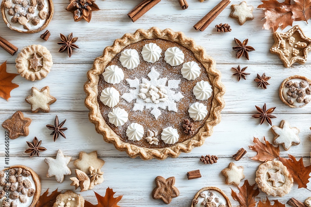 Overhead view of pumpkin pie decorated with meringue and surrounded by autumnal treats and spices on a white wooden background. Overhead view of pumpkin pie decorated with meringue and surrounded by autumnal treats and spices on a white wooden background.