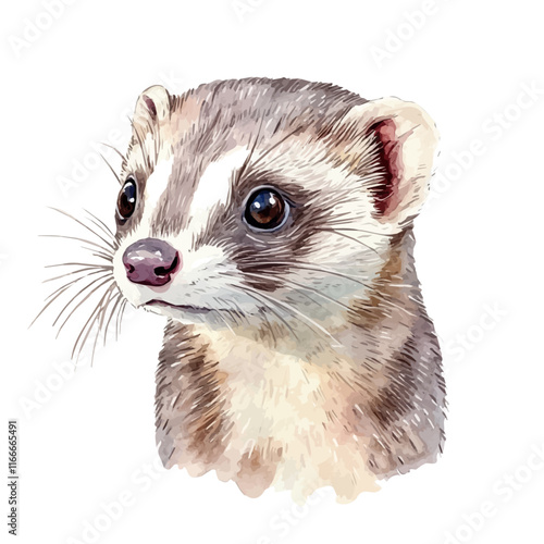 A watercolor vector painting of a ferret, isolated on a white background. Ferret vector.

