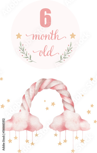 Composition with watercolor rainbow clouds and stars for photo shoots for newbon girls. Vector monthly card for baby.