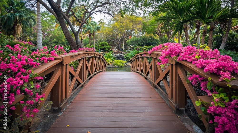 Wooden bridge over pond in lush botanical garden with vibrant pink bougainvillea. Wooden bridge over pond in lush botanical garden with vibrant pink bougainvillea.