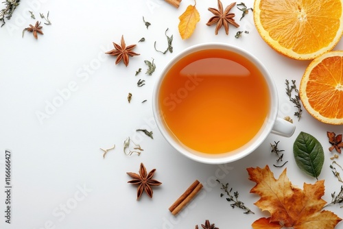 Warm cup of tea with spices and citrus surrounded by autumn leaves on a white background photo