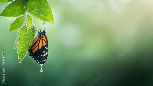 A monarch butterfly emerging from its chrysalis, wings glistening with dew drops, against a backdrop of lush green foliage.