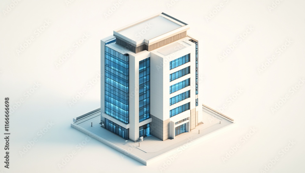 Isometric view of a modern office building with glass windows and white walls. Isometric view of a modern office building with glass windows and white walls.