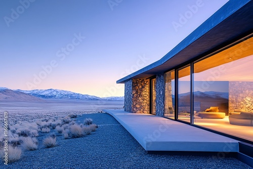 Modern desert house with large windows overlooking a mountain range at sunset.