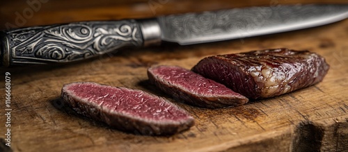 Sliced rare beef steak on wooden cutting board with knife.