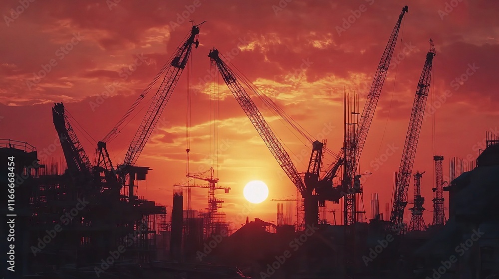 Silhouette of Construction Site with Cranes at Stunning Sunset Silhouette of Construction Site with Cranes at Stunning Sunset
