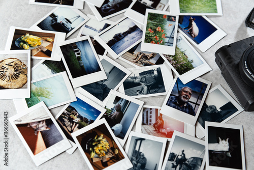 Collecting memories with scattered polaroids on a tabletop
